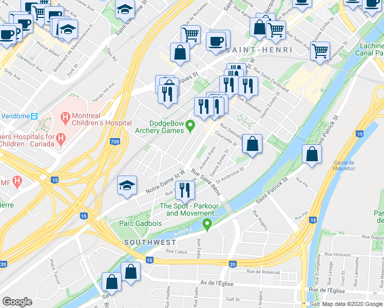 map of restaurants, bars, coffee shops, grocery stores, and more near 4877 Rue Notre-Dame Ouest in Montréal