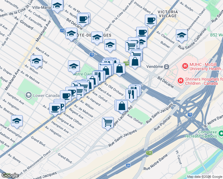 map of restaurants, bars, coffee shops, grocery stores, and more near 2226 Avenue Old Orchard in Montréal