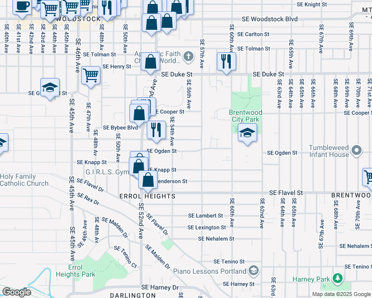 map of restaurants, bars, coffee shops, grocery stores, and more near 5521 Southeast Ogden Street in Portland