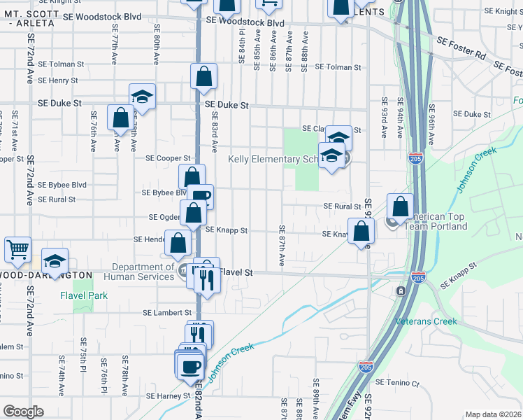 map of restaurants, bars, coffee shops, grocery stores, and more near 7134 Southeast 85th Avenue in Portland