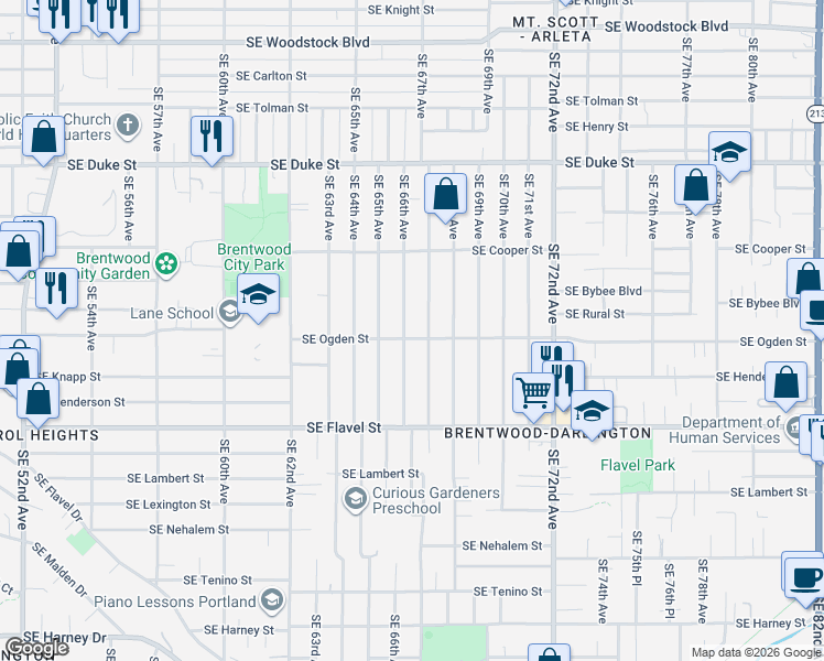 map of restaurants, bars, coffee shops, grocery stores, and more near 6608 Southeast Ogden Street in Portland