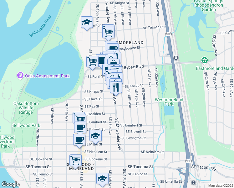 map of restaurants, bars, coffee shops, grocery stores, and more near 7423 Southeast 17th Avenue in Portland