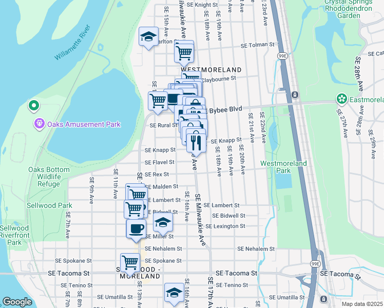 map of restaurants, bars, coffee shops, grocery stores, and more near 1631 Southeast Flavel Street in Portland
