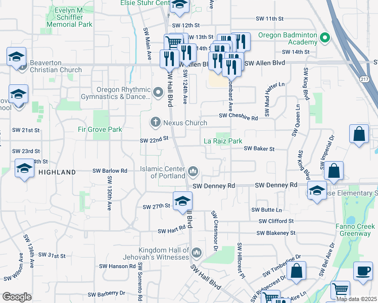 map of restaurants, bars, coffee shops, grocery stores, and more near 12320 Southwest Sussex Street in Beaverton