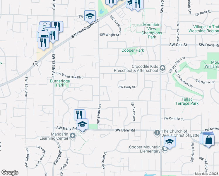map of restaurants, bars, coffee shops, grocery stores, and more near 17619 Southwest Cody Lane in Beaverton