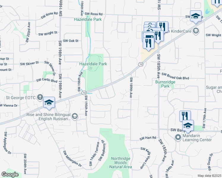 map of restaurants, bars, coffee shops, grocery stores, and more near 6707 Southwest 192nd Avenue in Beaverton