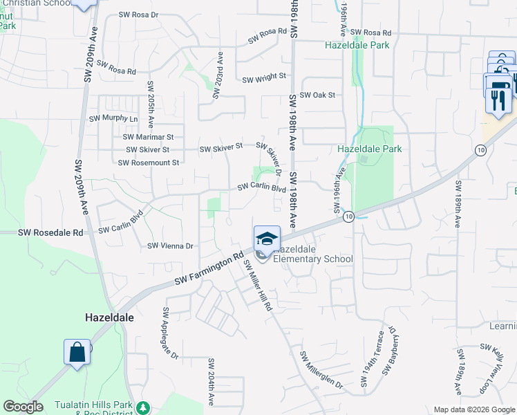 map of restaurants, bars, coffee shops, grocery stores, and more near 6710 Southwest 201st Court in Beaverton