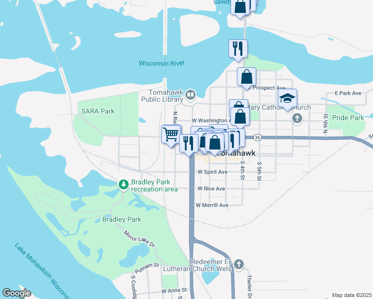 map of restaurants, bars, coffee shops, grocery stores, and more near 315 West Wisconsin Avenue in Tomahawk