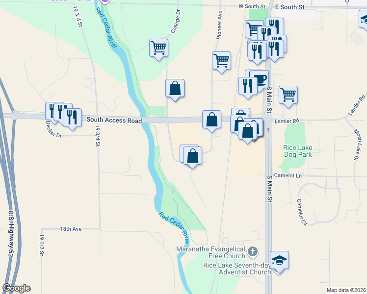 map of restaurants, bars, coffee shops, grocery stores, and more near 320 County Highway O in Rice Lake