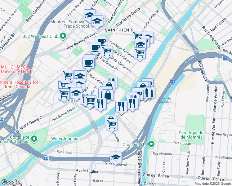 map of restaurants, bars, coffee shops, grocery stores, and more near 42 Rue Square-Sir-George-Étienne-Cartier in Montréal