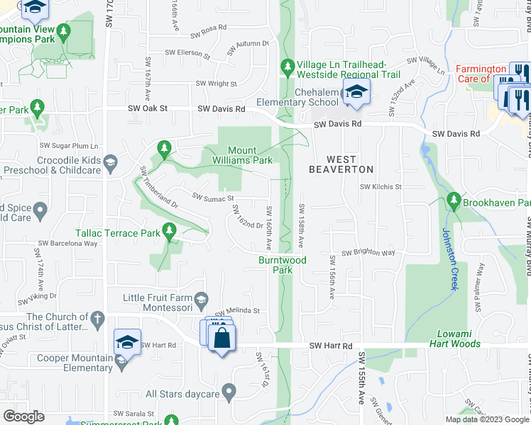map of restaurants, bars, coffee shops, grocery stores, and more near 6725 Southwest 160th Avenue in Beaverton