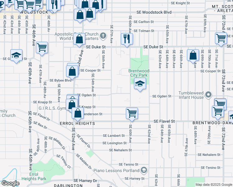 map of restaurants, bars, coffee shops, grocery stores, and more near 5738 Southeast Ogden Street in Portland