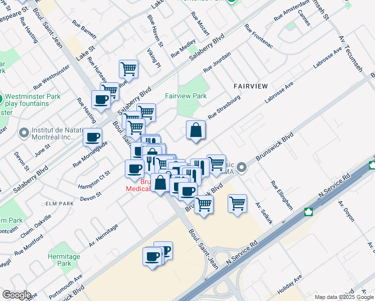 map of restaurants, bars, coffee shops, grocery stores, and more near in Pointe-Claire