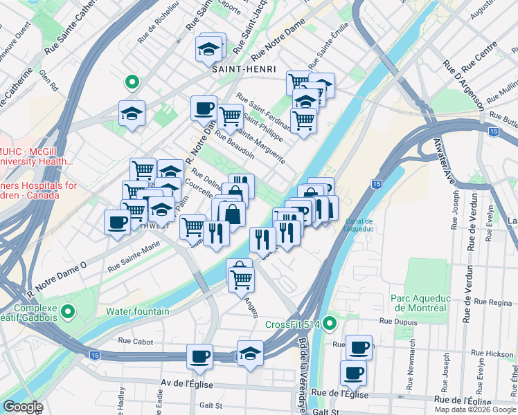 map of restaurants, bars, coffee shops, grocery stores, and more near 38 Rue Square-Sir-George-Étienne-Cartier in Montréal