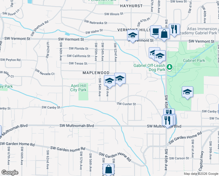 map of restaurants, bars, coffee shops, grocery stores, and more near 7404 Southwest 53rd Avenue in Portland