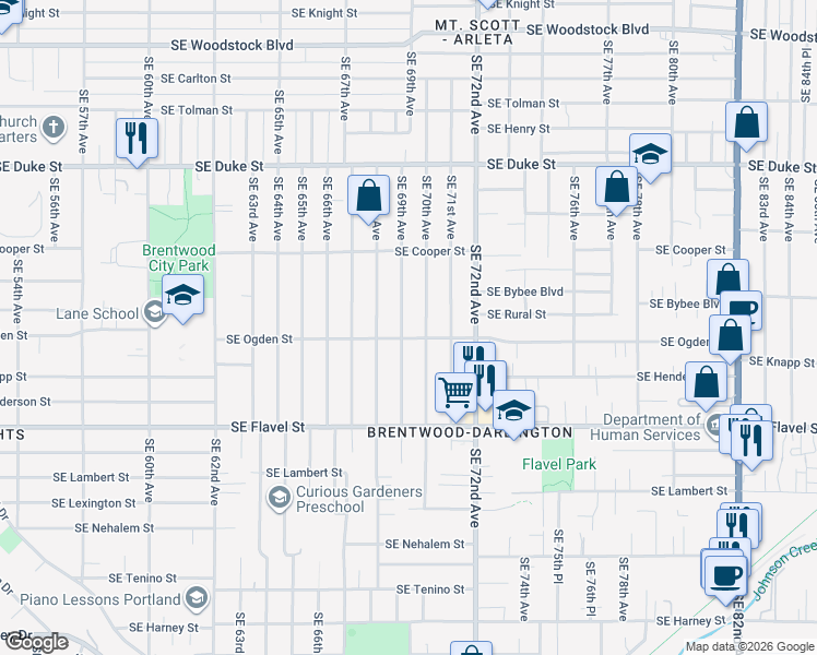 map of restaurants, bars, coffee shops, grocery stores, and more near 7130 Southeast 69th Avenue in Portland
