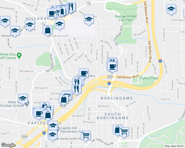 map of restaurants, bars, coffee shops, grocery stores, and more near 7555 Southwest Barbur Boulevard in Portland