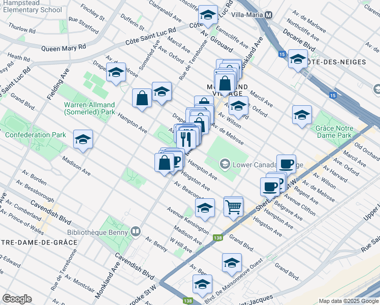map of restaurants, bars, coffee shops, grocery stores, and more near 5970 Avenue de Monkland in Montréal