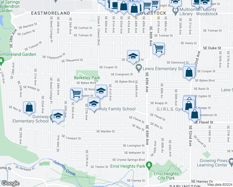 map of restaurants, bars, coffee shops, grocery stores, and more near 4120 Southeast Ogden Street in Portland