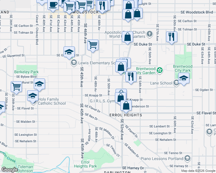 map of restaurants, bars, coffee shops, grocery stores, and more near 4945 Southeast Ogden Street in Portland