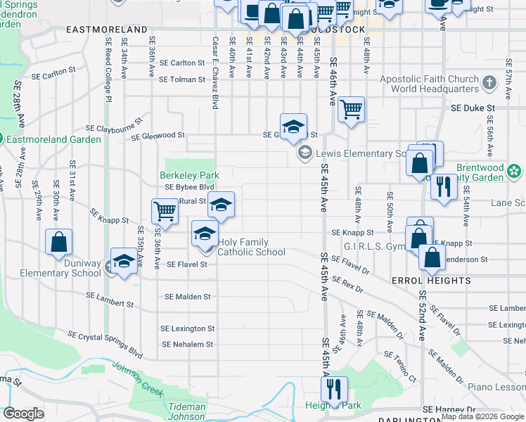 map of restaurants, bars, coffee shops, grocery stores, and more near 4155 SE Ogden St in Portland