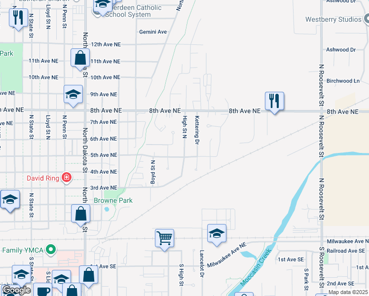 map of restaurants, bars, coffee shops, grocery stores, and more near High Street North in Aberdeen
