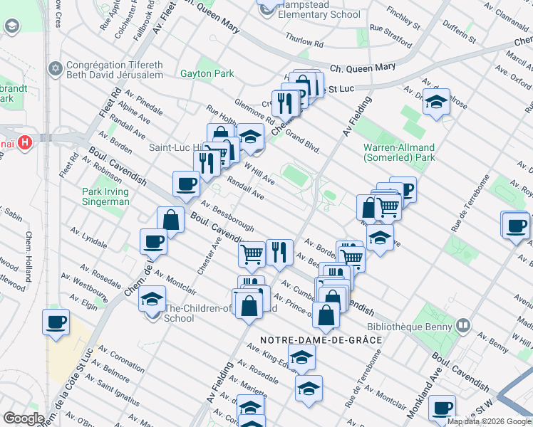 map of restaurants, bars, coffee shops, grocery stores, and more near 5229 Avenue Borden in Montréal