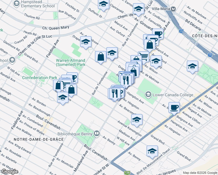 map of restaurants, bars, coffee shops, grocery stores, and more near 4399 Avenue Hingston in Montréal