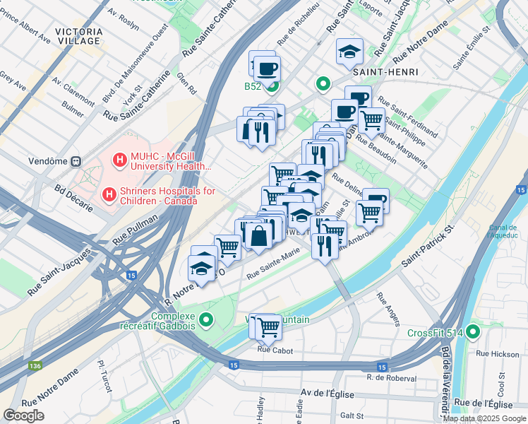 map of restaurants, bars, coffee shops, grocery stores, and more near in Montreal