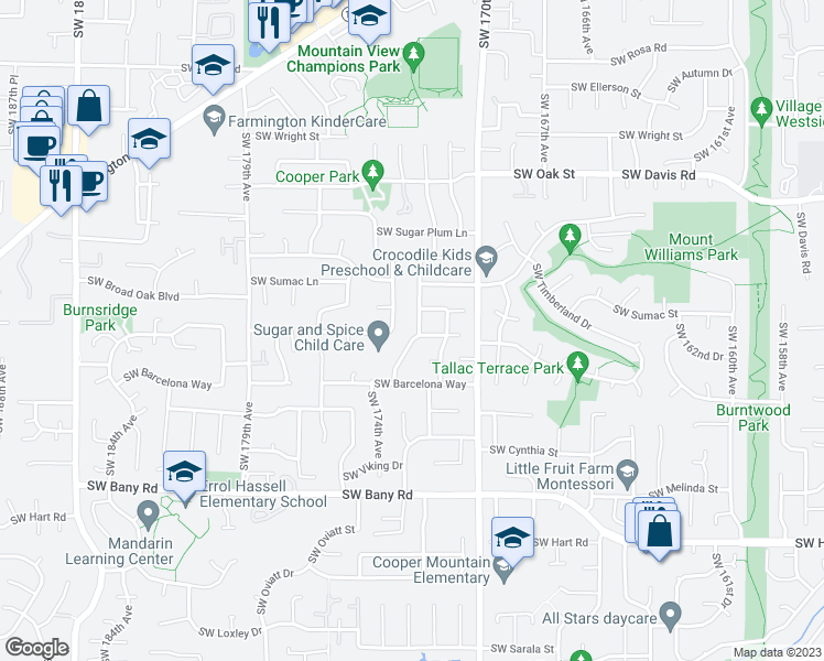 map of restaurants, bars, coffee shops, grocery stores, and more near 6695 Southwest 172nd Avenue in Beaverton