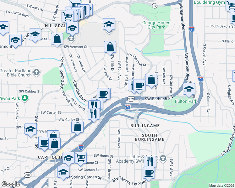 map of restaurants, bars, coffee shops, grocery stores, and more near 7555 Southwest Barbur Boulevard in Portland