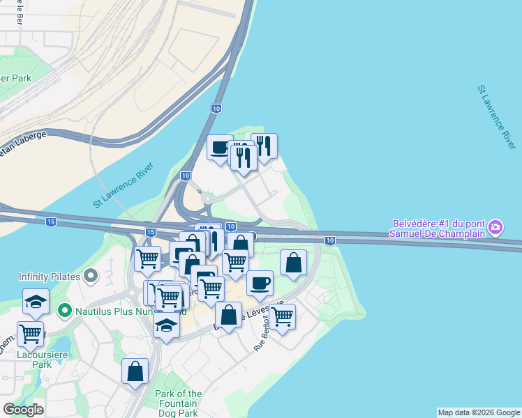 map of restaurants, bars, coffee shops, grocery stores, and more near 201 Rue Jacques-le Ber in Montrã©Al