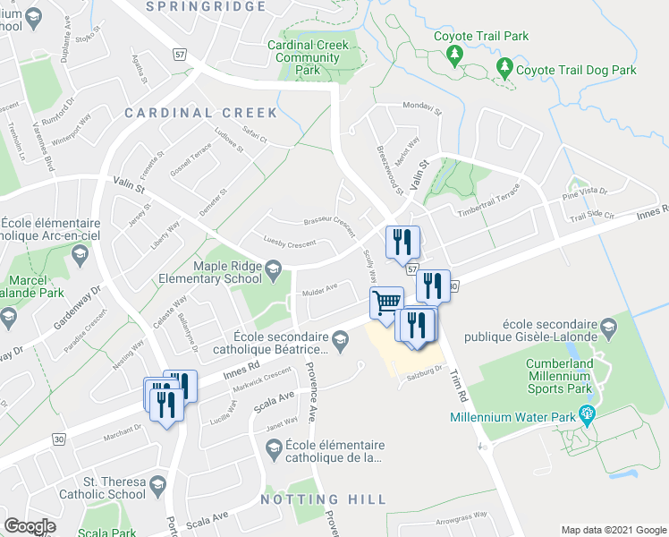 map of restaurants, bars, coffee shops, grocery stores, and more near 1032 Valin Street in Ottawa