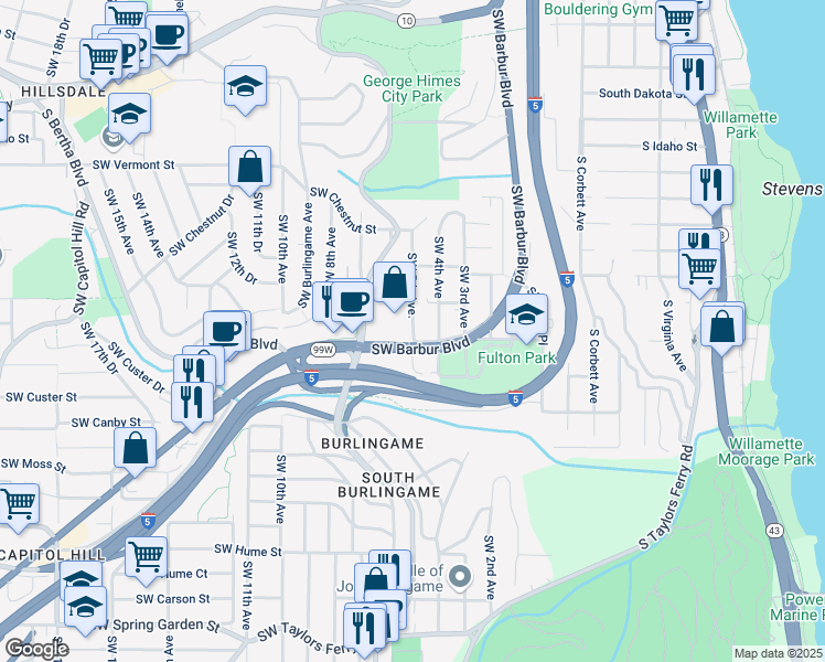 map of restaurants, bars, coffee shops, grocery stores, and more near 7360 Southwest Barbur Boulevard in Portland