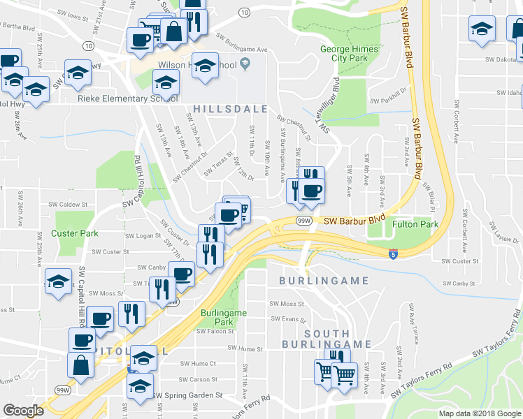 map of restaurants, bars, coffee shops, grocery stores, and more near 7555 Southwest Barbur Boulevard in Portland