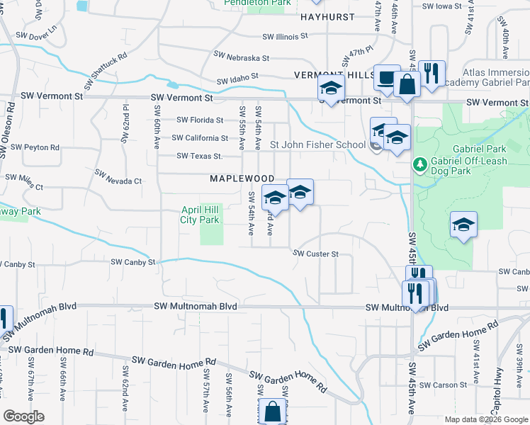 map of restaurants, bars, coffee shops, grocery stores, and more near 7426 Southwest 53rd Avenue in Portland