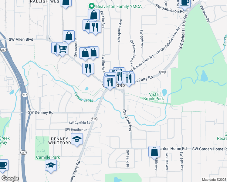 map of restaurants, bars, coffee shops, grocery stores, and more near 9300 Southwest Allen Boulevard in Portland