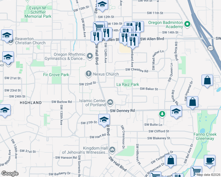 map of restaurants, bars, coffee shops, grocery stores, and more near 12320 Southwest Sussex Street in Beaverton