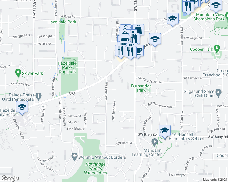 map of restaurants, bars, coffee shops, grocery stores, and more near 6770 Southwest 189th Avenue in Beaverton