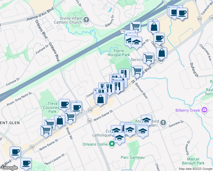map of restaurants, bars, coffee shops, grocery stores, and more near in Ottawa