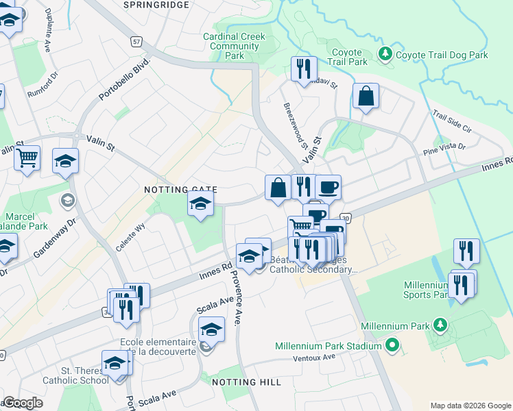map of restaurants, bars, coffee shops, grocery stores, and more near 1032 Valin Street in Ottawa