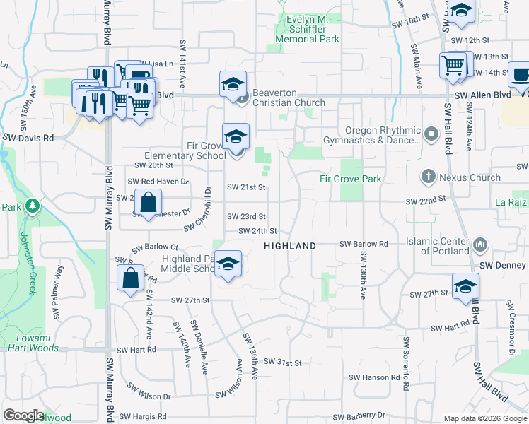map of restaurants, bars, coffee shops, grocery stores, and more near 13555 Southwest 24th Street in Beaverton