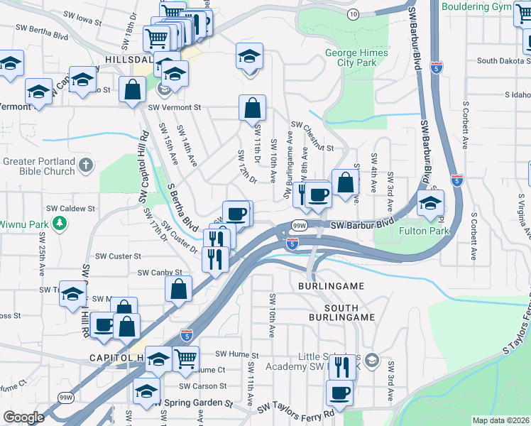 map of restaurants, bars, coffee shops, grocery stores, and more near 7555 Southwest Barbur Boulevard in Portland