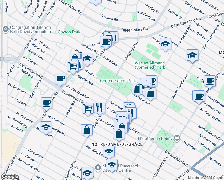 map of restaurants, bars, coffee shops, grocery stores, and more near 6361 Fielding Avenue in Montreal