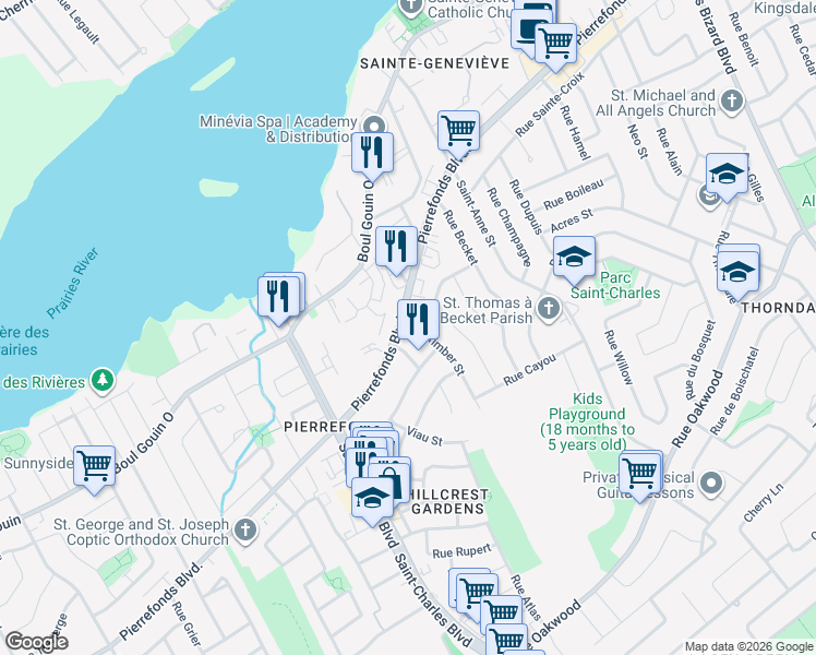 map of restaurants, bars, coffee shops, grocery stores, and more near 16690 Boulevard de Pierrefonds in Montréal