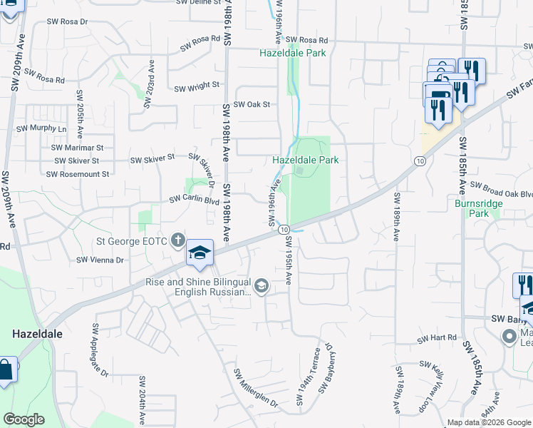 map of restaurants, bars, coffee shops, grocery stores, and more near 6675 Southwest 196th Avenue in Beaverton