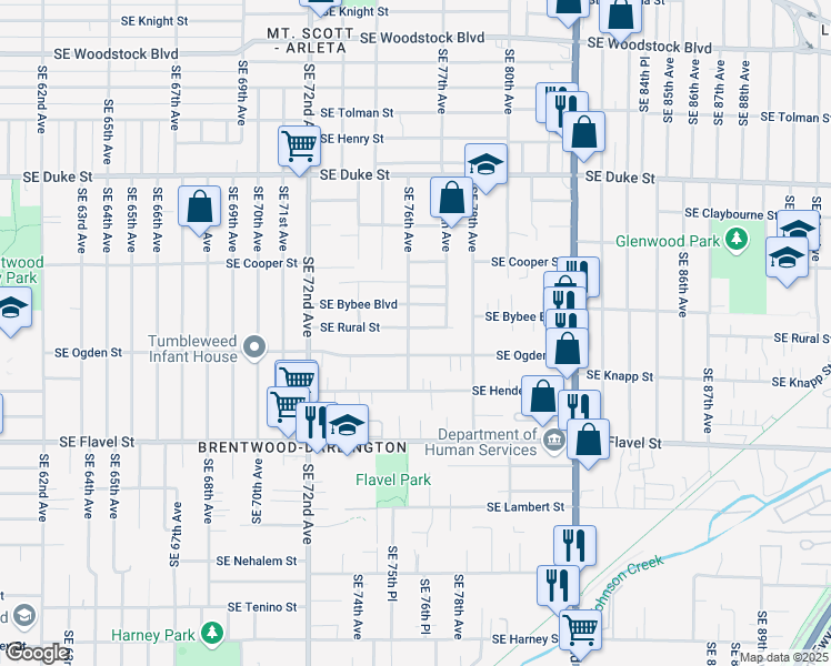 map of restaurants, bars, coffee shops, grocery stores, and more near 7108 Southeast 76th Avenue in Portland