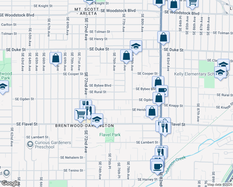 map of restaurants, bars, coffee shops, grocery stores, and more near 7649 Southeast Ogden Street in Portland