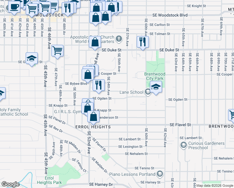 map of restaurants, bars, coffee shops, grocery stores, and more near 5610 Southeast Ogden Street in Portland