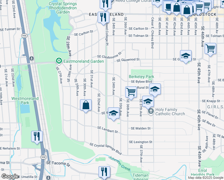 map of restaurants, bars, coffee shops, grocery stores, and more near 7246 Southeast 34th Avenue in Portland